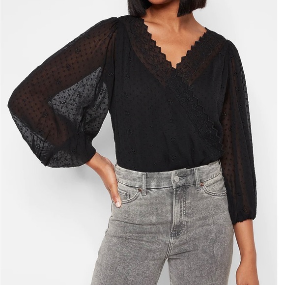 Express Tops - Eyelet Trim Faux Wrap Thong Bodysuit